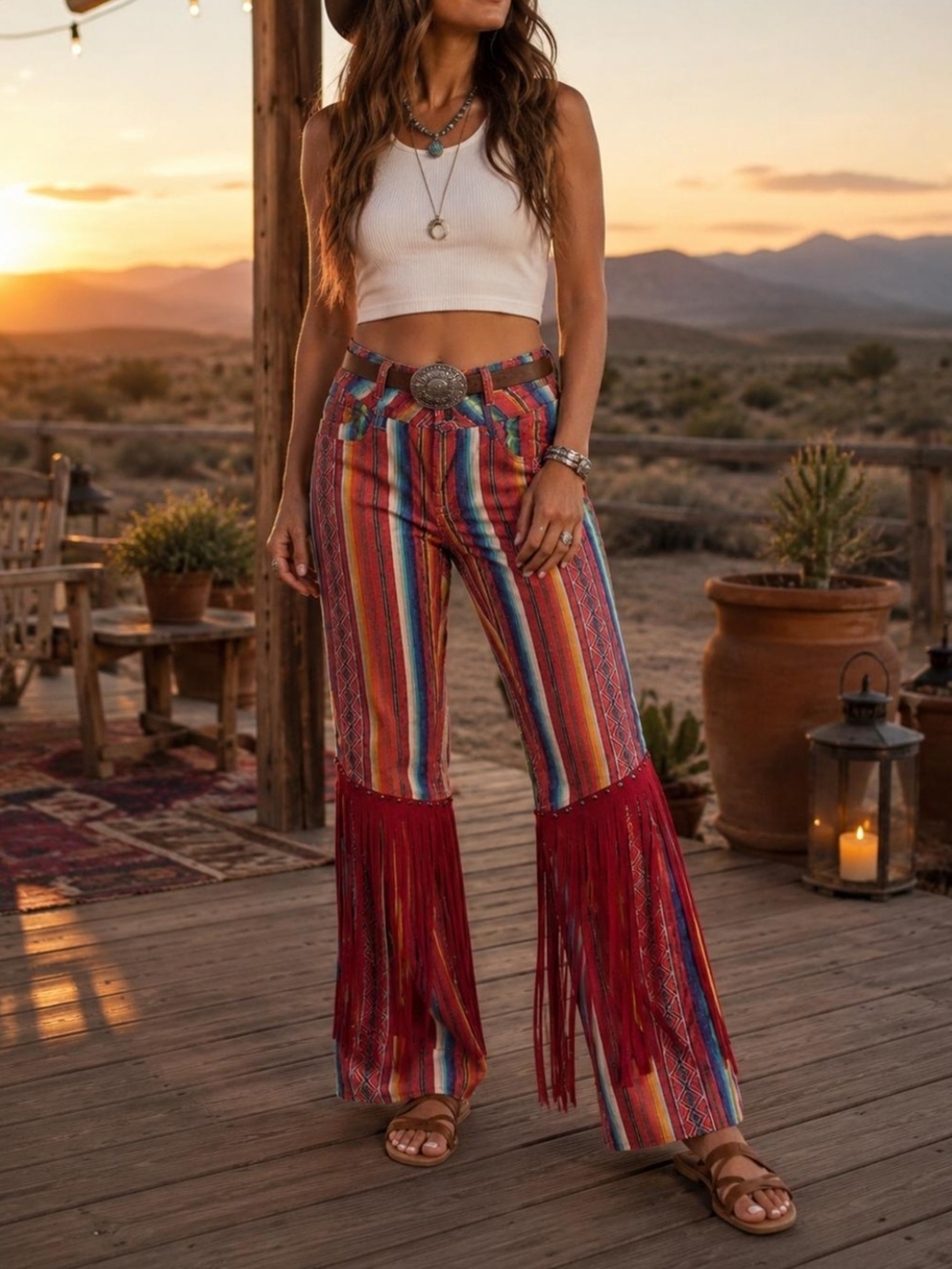 Lucky & Blessed Serape Striped Red Fringe Bell Bottom Pants Sz 12 Country Rodeo